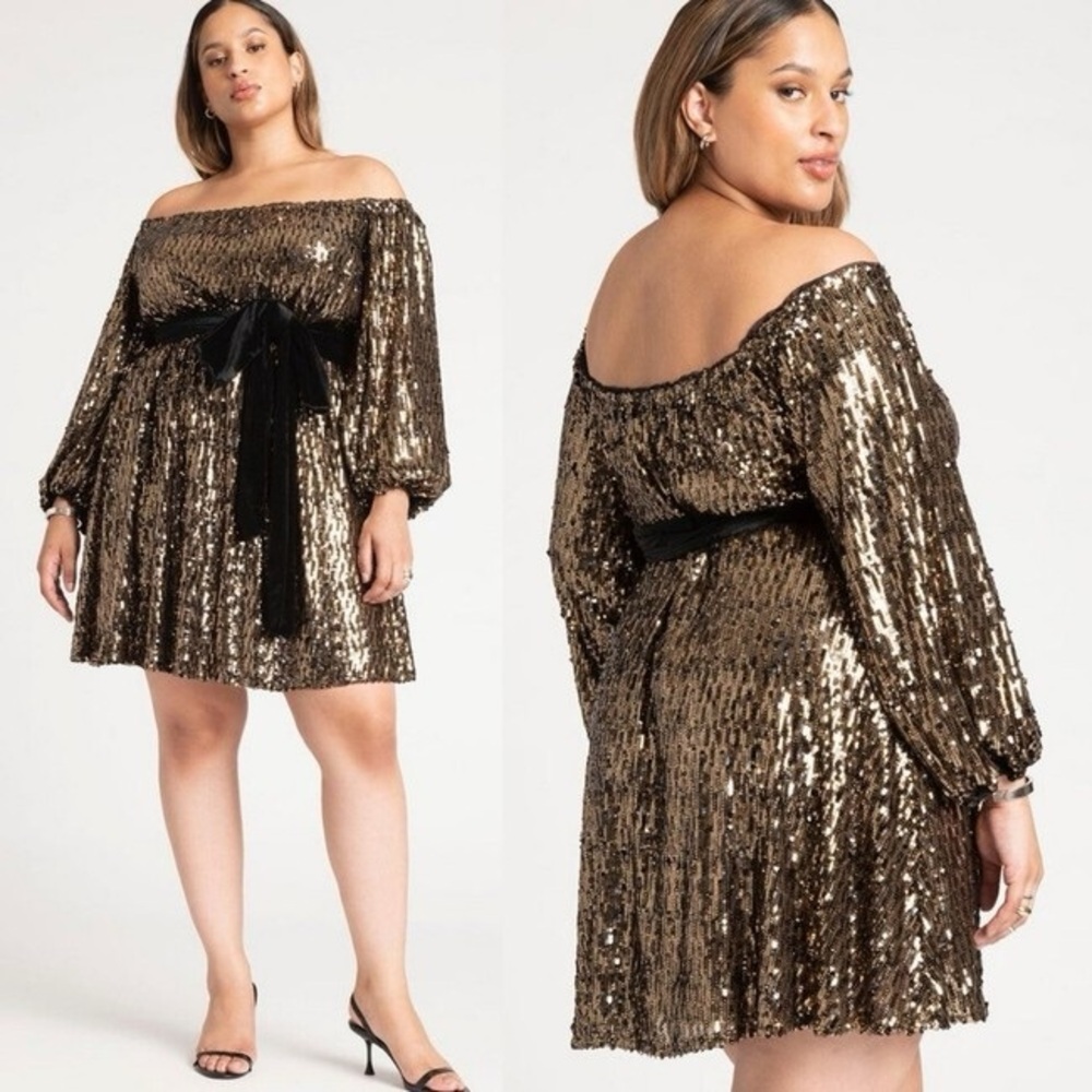 Eloquii Gold Sequin Off-Shoulder Sundress with Bishop Sleeves